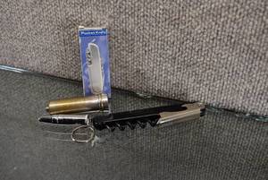 lot 1018 image: Lot of 4 Bullet Lighter Keychain, Pocket Knife, Bottle Opener, and Dime Bank  The B&R MFG Co. New York