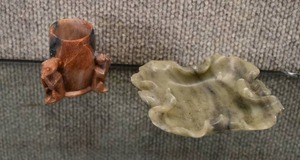 lot 3012 image: Vintage Lot of 2 Soapstone Carved Monkey Vase and Lotus Leaf Dish  China  2.25 x 2 x 2 and 4 x 4