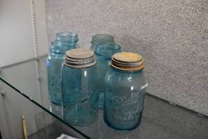 lot 3036 image: Lot of 6 Blue Glass Ball Jars  Ball  7 x 3.75
