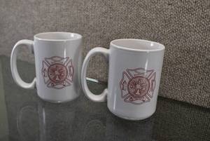 lot 3043 image: Lot of 2 Firefighter Seal Tall Coffee Mugs  Lemon Enterprises  Wichita, Kansas  4.75 x 3.5