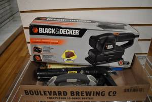 lot 3063 image: Lot of 7 13 Sheet Finishing Sander, Calking Gun, Hand Sander and 4 Packs of Sandpaper  Black and Decker 7448-VA