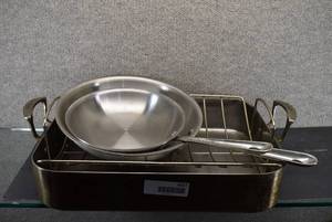 lot 6027 image: Roaster and Two Pans  Cuisinart, All-Clad  Pans 8.5 and 10.75