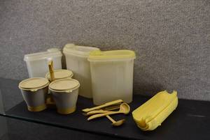 lot 6092 image: Lot of 5 Tupperware Pieces  Tupperware  Sauce Carrier, Pitchers, and Corn Trays