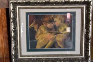 lot 6100 image: Framed Cherub Pastel Drawing  M Creig  18 x 14.5