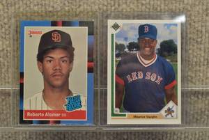 lot 4231 image: Lot of 2 Baseball Rookie Cards 88 Donruss Roberto Alomar & 90 Upper Deck Mo Vaughn  In Rigid Plastic Toploaders