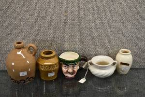 lot 1069 image: Lot of 5 Ceramic Destash Lot  Old Crock, KS State Nurses Assoc. Vase, Toby Character Mini Jug, and Two vases