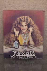 lot 2003 image: Tin Rexall Hair Tonic Sign  Desperate Sign Co.  Reproduction  15.5 x 13