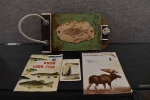lot 2015 image: Lot of 4 Fishing Picture, ID Book, Hunting Catalog, Handmade Photo Album