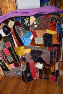 lot 2017 image: Beautiful Handmade Crazy Quilt with Vintage Velvet and Silk Fabric.   67 x 75