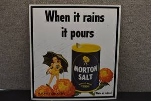 lot 2027 image: Morton Salt Ralphs Grocery Tin Sign  13.5 x 12.5