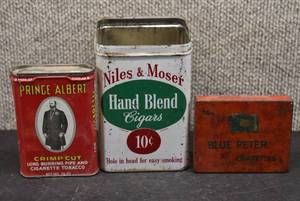 lot 2041 image: Vintage Lot of 3 Tobacco Cigarette Tins  Prince Albert, Niles & Moser, and Blue Peter