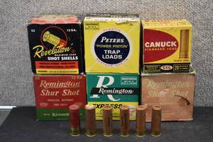 lot 2060 image: Vintage Lot of 6 Shotgun Shell Boxes  Remington Shur Shot  Box is Full  Canuck, Peters, Remington, Revelation