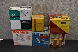 lot 2061 image: Lot of 6 Shotgun Shell Boxes   Full Target Load Shotgun Shells  And Zebco Model 33 Box