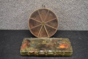 lot 2082 image: Lot of 2 Fly Lure Cases One Case Full of Lures  Cortland, South Bend  7.5 x 3.25 and 5