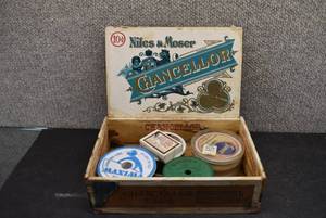lot 2087 image: Cigar Box with Four Rolls of Fishing Line and Box of Hooks  Eagle Claw, Cortland, Maxima, Herters and Sunset