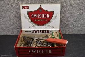 lot 2088 image: Cigar Box Full of Fishing Tools  Catch Line, Line Winders, and More