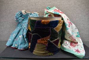 lot 2092 image: Lot of 3 Vintage Baby Dress, New Christmas Apron, and Crazy Quilt Waste Basket