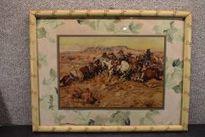 lot 2096 image: Vintage Framed and Matted Lithograph   A Desperate Stand by Charles Russell  TDM Co.  17 x 13