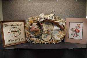 lot 2098 image: Lot of 3 Sewing Hoop Collage and Two Cross Stitch Embroidery Pieces  Little Girl Riding Horse and Bless This House