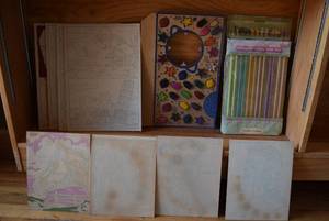 lot 2105 image: Flat of Paint By Numbers, Crayons, and Knitting Needle Set