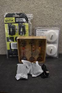 lot 2106 image: Lot of 4 Household Items  Picture Holders, Magnetic Window Hooks, Mini Magnetic Flashlights, and four USB Adapter Cables.