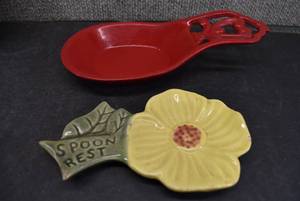 lot 2115 image: Lot of 2 Spoon Rests  Red Cast Metal and Ceramic Flower  8.5 and 6