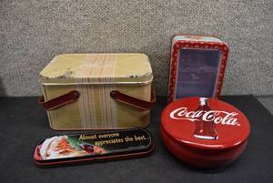 lot 2119 image: Lot of 4 New and Vintage Tins  Vintage Lunch Box  New Coca-Cola and Bonnie & Camille Tins