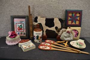 lot 2122 image: Flat of Home Decore Items  Wood Cow, Sewing Tools, Coasters, Wall Pictures and More
