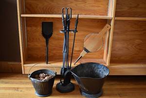lot 6030 image: Lot of 9 Fireplace Tools  2 Ash Buckets, Ash Shovel, Billows, and Fire Tool Set on Stand