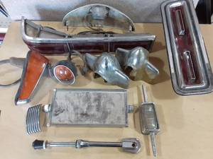 lot 5002 image: Box of Vintage Car Parts  Chrome Pieces, Lights, Mirror, Lever, and More