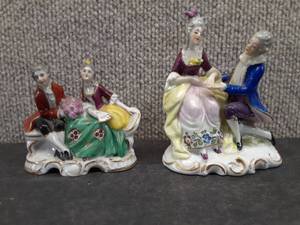 lot 5010 image: Vintage Lot of 2 Porcelain Victorian Couples  Potschappel, CUS  4.5 x 4 x 1.5 and 3.25 x 3.5 x 1.5