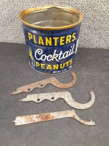 lot 5011 image: Vintage Planters Cocktail Peanuts Tin With Metal Pieces  Schlage C & D Lock Co.  S-Hooks And Allen Keys
