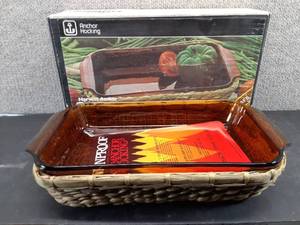 lot 5012 image: Vintage Harvest Amber Basket Buffet Glass Utility Pan  Anchor Hocking  M400824  3 x 12.25 x 7.75