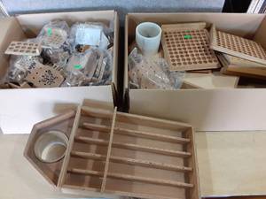 lot 5020 image: Box of Bead Counting Paddles, Wood Sorting Trays, and Wood Sorting and Bagging Station  18 x 8.5 x 2.5