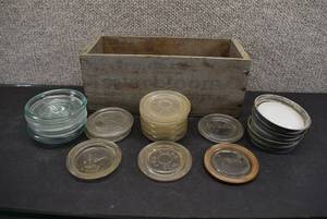 lot 3029 image: Vintage Cheese Box Full of Glass Canning Jar Lids  Presto, Ball, Atlas, Mason