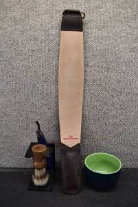 lot 6012 image: Lot of 3 Shaving Brush, Straight Razor, Leather Strop, and Bowl  Red Deer  Razor 6.5 Closed