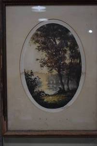 lot 2066 image: Vintage Fishing On The Lake Intaglio Art Print   Signed by Artist  17 x 13