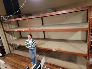 lot 4 image: Large Set of Freestanding Warehouse Shelving - 8 High x 16 Long - With 8 total 4x8 Particle Board Wood Shelves