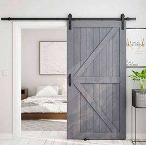 lot 9080 image: SMARTSTANDARD 42in x 84in Sliding Barn Door with 7ft Barn Door Hardware Kit & Handle, Pre-Drilled Ready to Assemble, DIY Unfinished Solid Spruce Wood Panelled Slab, K-Frame, Grey