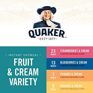 lot 39083 image: Quaker Instant Oatmeal Fruit and Cream Variety Pack, Breakfast Cereal ( 48 Count of 1.05 oz Packets), 50.7 oz (Packaging Will Vary)