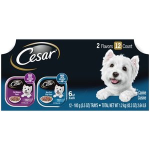 lot 39246 image: (12 Pack) CESAR Wet Dog Food Filets in Gravy Filet Mignon & New York Strip Flavors Variety Pack, 3.5 oz. Easy Peel Trays