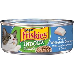 lot 39249 image: (24 Pack) Friskies Indoor Wet Cat Food, Indoor Flaked Ocean Whitefish Dinner in Sauce, 5.5 oz. Cans