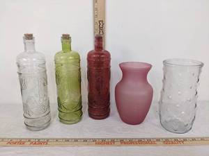 lot 319 image: 2 - Glass Vases and 3 - Decor Bottles