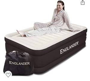 lot 5506 image: Englander Twin Size Air Mattress w Built in Pump - Luxury Double High Inflatable Bed for Home, Travel & Camping - Premium Blow Up Bed for Kids & Adults - Brown