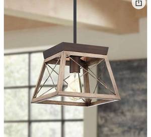 lot 5527 image: MOTINI Farmhouse Pendant Light Fixture in Wood Grain Finish, Industrial Rustic Pendant Lighting Ceiling Hanging Light Fixture for Kitchen Island Dining Room Living Room Entryway - incomplete
