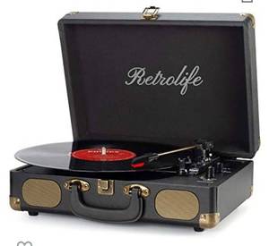 lot 5532 image: Vinyl Record Player 3-Speed Bluetooth Suitcase Portable Belt-Driven Record Player with Built-in Speakers RCA Line Out AUX in Headphone Jack Vintage Turntable