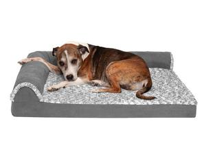 lot 5566 image: FurHaven Pet Dog Bed Deluxe Orthopedic Faux Fur & Suede L-Shaped Chaise Couch Pet Bed for Dogs & Cats, Stone Gray, Large