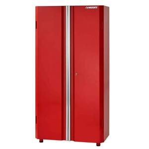 lot 16468 image: Husky Ready-to-Assemble 24-Gauge Steel Freestanding Garage Cabinet in Red (36 in. W x 72 in. H x 18 in. D) - Retail $399.99