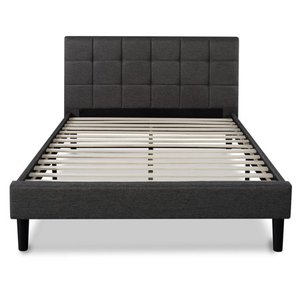 lot 16609 image: Sleep Master Upholstered Square Stitched Platform Bed with Wooden Slats, Full - Retail $561.00