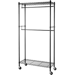 lot 21438 image: Amazon Basics Double Hanging Rod Garment Rolling Closet Organizer Rack, Black